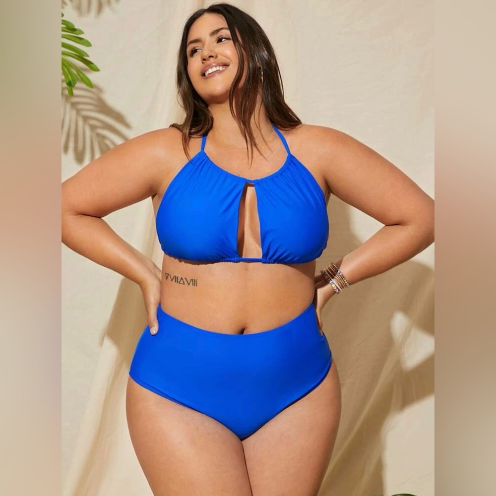 SHEIN Curve Royal Blue Solid Halter High Waisted Bikini Swimsuit 4X (20) NWT